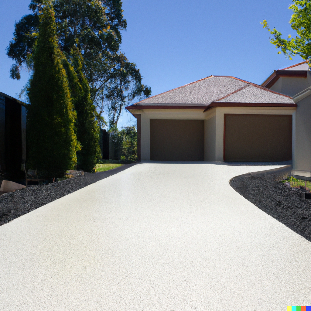 A realistic photo of a new concrete driveway attached to a new Zealand style house on a sunny day